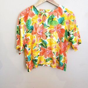 VTG Colorful Blouse Cropped Tropica Bold Floral Blouse Yellow Orange Sz large